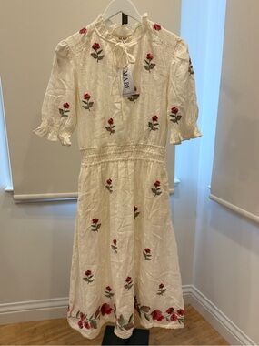 M.A.B.E. Tila Embroidered Midi Dress - Ecru